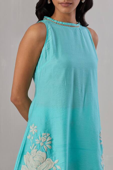Shop_Grass & Sunshine_Blue Chanderi Embroidery Halter Neck Rosa Dori Kurta Flared Pant Set _Online_at_Aza_Fashions