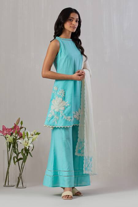 Grass & Sunshine_Blue Chanderi Embroidery Halter Neck Rosa Dori Kurta Flared Pant Set _at_Aza_Fashions