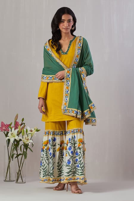 Grass & Sunshine Yellow Cotton Print Gul Notched V Kurta Sharara Set 