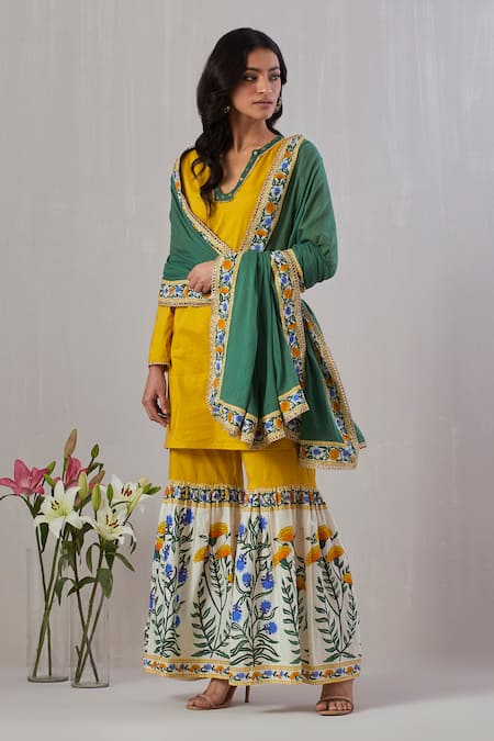 Grass & Sunshine_Yellow Cotton Sequins, Embroidery Split V-neck Gul Print Kurta Sharara Set _Online_at_Aza_Fashions