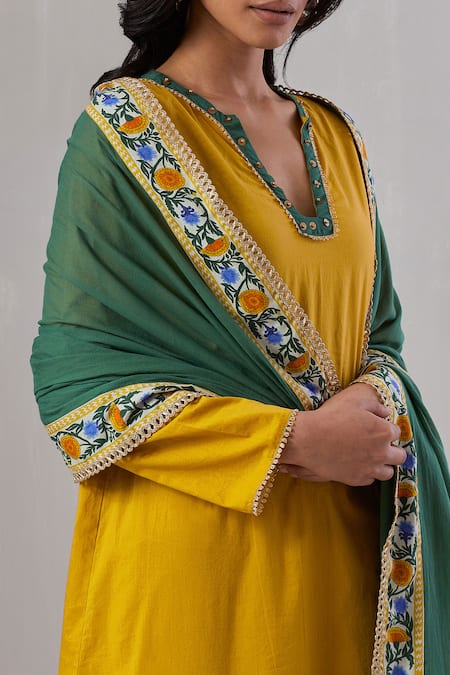 Buy_Grass & Sunshine_Yellow Cotton Sequins, Embroidery Split V-neck Gul Print Kurta Sharara Set _Online_at_Aza_Fashions