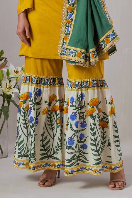 Shop_Grass & Sunshine_Yellow Cotton Sequins, Embroidery Split V-neck Gul Print Kurta Sharara Set _Online_at_Aza_Fashions