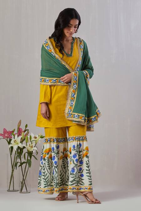Grass & Sunshine_Yellow Cotton Sequins, Embroidery Split V-neck Gul Print Kurta Sharara Set _at_Aza_Fashions