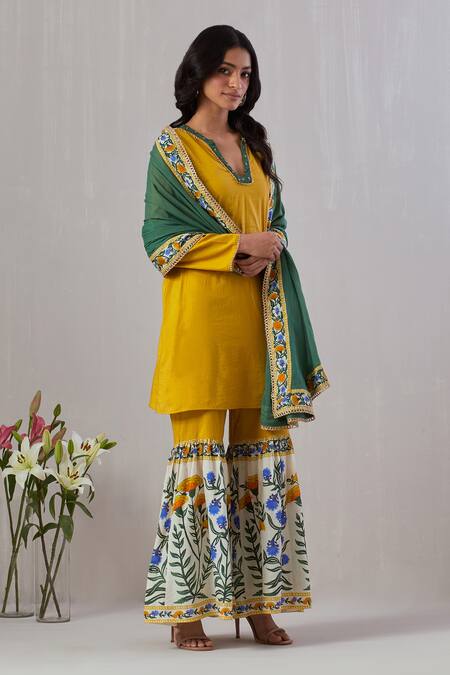 Buy_Grass & Sunshine_Yellow Cotton Sequins, Embroidery Split V-neck Gul Print Kurta Sharara Set 