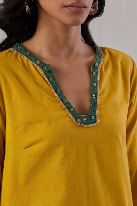Shop_Grass & Sunshine_Yellow Cotton Sequins, Embroidery Split V-neck Gul Print Kurta Sharara Set 