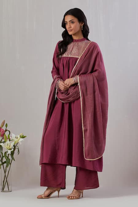 Grass & Sunshine_Maroon Chanderi Gota Patti High Neck Stripe Yoke Embroidered Anarkali Set _Online_at_Aza_Fashions
