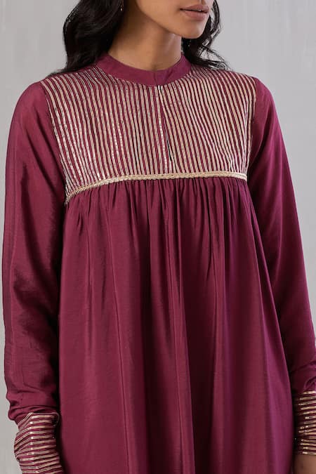 Buy_Grass & Sunshine_Maroon Chanderi Gota Patti High Neck Stripe Yoke Embroidered Anarkali Set _Online_at_Aza_Fashions