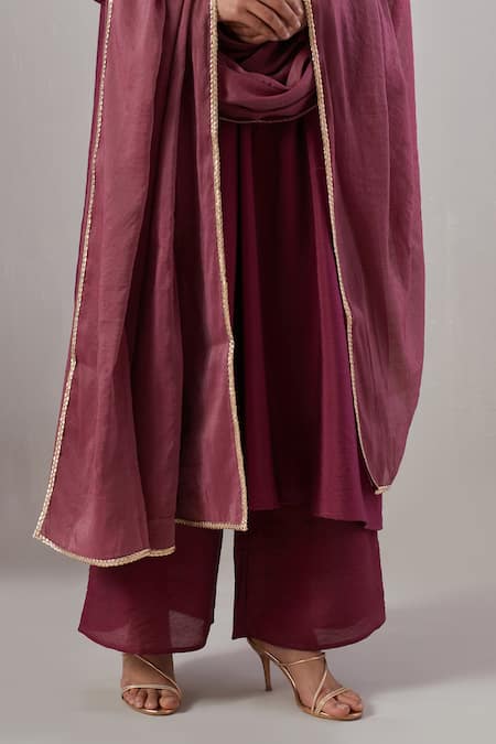 Shop_Grass & Sunshine_Maroon Chanderi Gota Patti High Neck Stripe Yoke Embroidered Anarkali Set _Online_at_Aza_Fashions