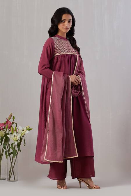 Grass & Sunshine_Maroon Chanderi Gota Patti High Neck Stripe Yoke Embroidered Anarkali Set _at_Aza_Fashions