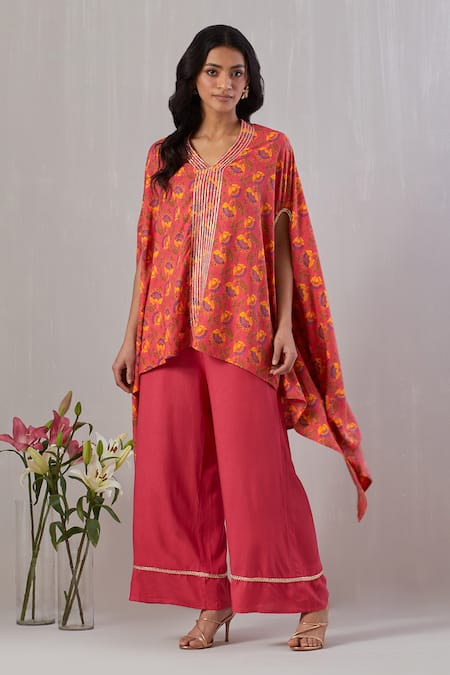 Grass & Sunshine Red Viscose Print Wildbloom V Neck Asymmetric Kurta With Flared Pant 