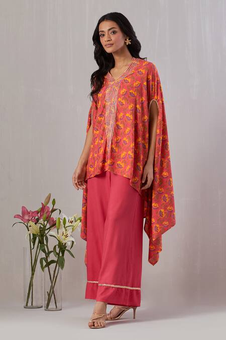 Grass & Sunshine_Red Viscose Gota Patti V-neck Wildbloom Print Asymmetric Kurta With Flared Pant _Online_at_Aza_Fashions