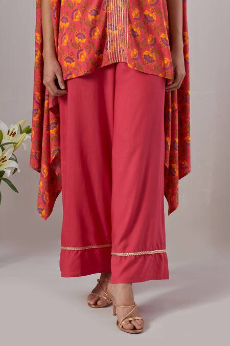 Shop_Grass & Sunshine_Red Viscose Gota Patti V-neck Wildbloom Print Asymmetric Kurta With Flared Pant _Online_at_Aza_Fashions