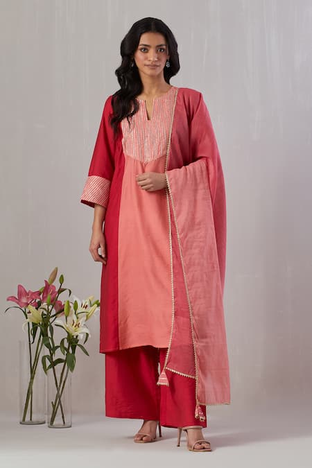 Grass & Sunshine Red Viscose Embroidery Gota Notched Round Stripe Yoke Kurta Palazzo Set 