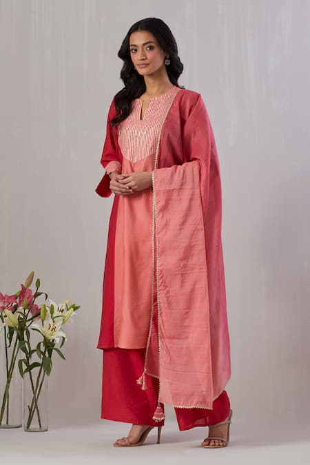 Grass & Sunshine Red Viscose Gota Patti, Tassels Round Stripe Yoke Embroidered Kurta Palazzo Set Online at Aza Fashions Grass & Sunshine_Red Viscose Gota Patti, Tassels Round Stripe Yoke Embroidered Kurta Palazzo Set _Online_at_Aza_Fashions