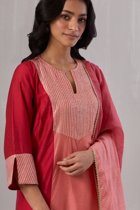 Buy Grass & Sunshine Red Viscose Gota Patti, Tassels Round Stripe Yoke Embroidered Kurta Palazzo Set Online at Aza Fashions Buy_Grass & Sunshine_Red Viscose Gota Patti, Tassels Round Stripe Yoke Embroidered Kurta Palazzo Set _Online_at_Aza_Fashions