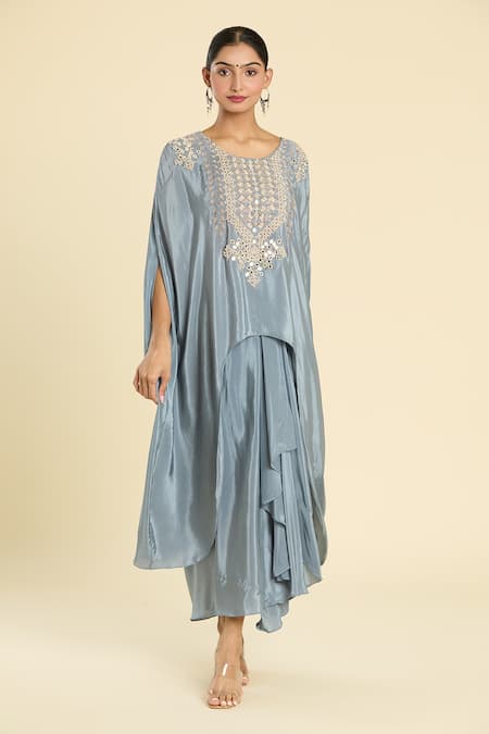 Label Lila_Grey Polyester Mirrors, Flora And Dabka Embroidered Yoke Kurta With Draped Skirt _Online_at_Aza_Fashions