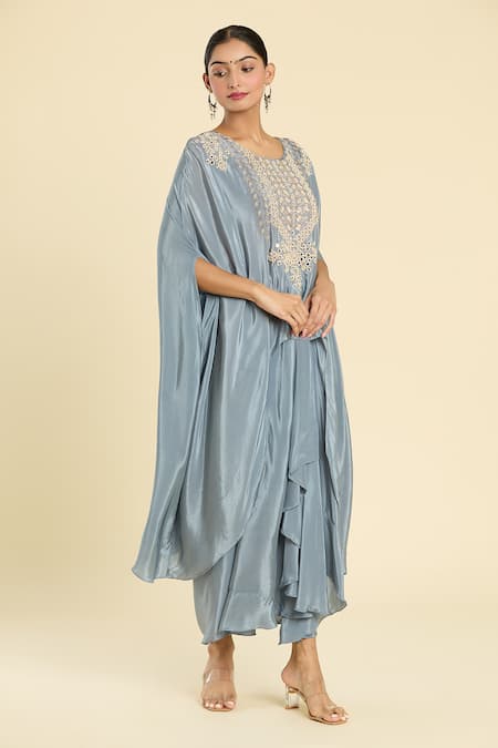 Buy_Label Lila_Grey Polyester Mirrors, Flora And Dabka Embroidered Yoke Kurta With Draped Skirt _Online_at_Aza_Fashions