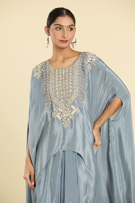 Shop_Label Lila_Grey Polyester Mirrors, Flora And Dabka Embroidered Yoke Kurta With Draped Skirt _Online_at_Aza_Fashions