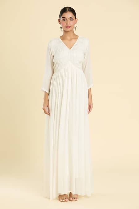 Label Lila_White Polyester Embroidery V-neck Misty Bloom Anarkali _Online_at_Aza_Fashions