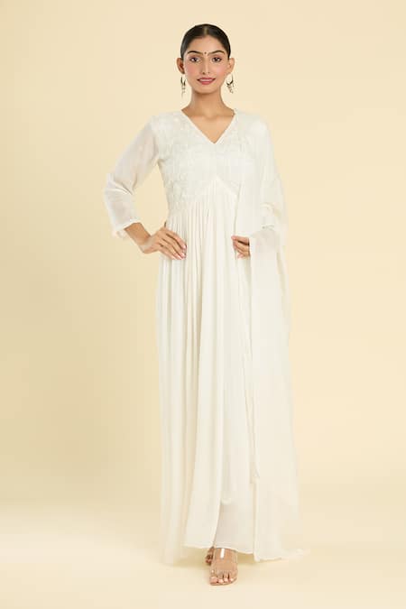 Buy_Label Lila_White Polyester Embroidery V-neck Misty Bloom Anarkali _Online_at_Aza_Fashions