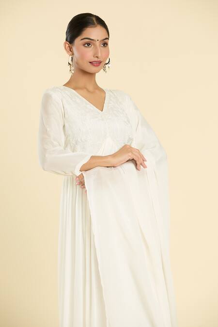 Shop_Label Lila_White Polyester Embroidery V-neck Misty Bloom Anarkali _Online_at_Aza_Fashions