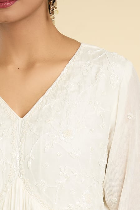 Label Lila_White Polyester Embroidery V-neck Misty Bloom Anarkali _at_Aza_Fashions