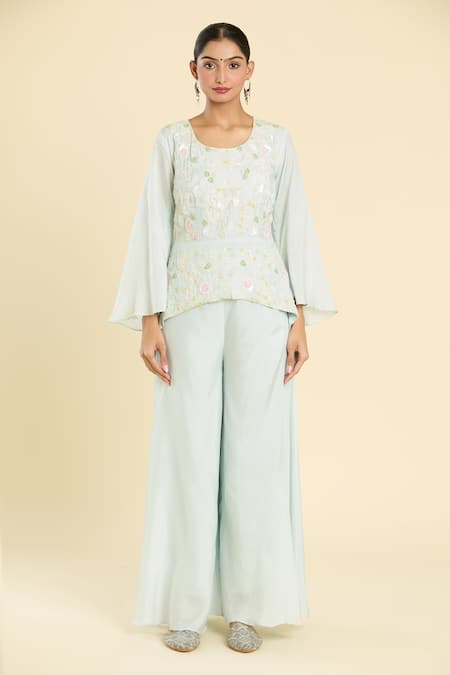 Label Lila Blue Polyester Sequins, Embroidery Round Neck Blossom Top With Palazzo Online at Aza Fashions Label Lila_Blue Polyester Sequins, Embroidery Round Neck Blossom Top With Palazzo _Online_at_Aza_Fashions