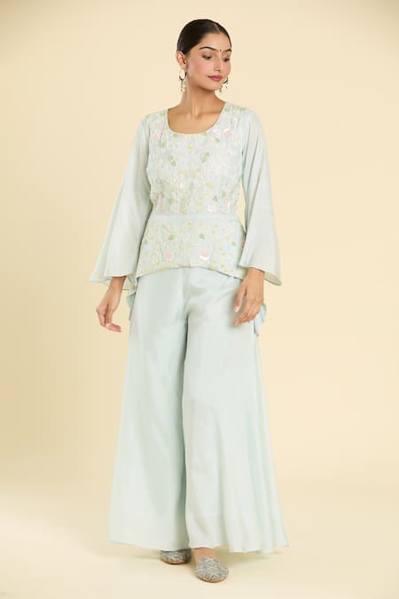 Buy Label Lila Blue Polyester Sequins, Embroidery Round Neck Blossom Top With Palazzo Online at Aza Fashions Buy_Label Lila_Blue Polyester Sequins, Embroidery Round Neck Blossom Top With Palazzo _Online_at_Aza_Fashions