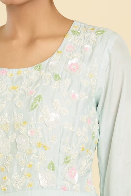 Shop Label Lila Blue Polyester Sequins, Embroidery Round Neck Blossom Top With Palazzo Online at Aza Fashions Shop_Label Lila_Blue Polyester Sequins, Embroidery Round Neck Blossom Top With Palazzo _Online_at_Aza_Fashions