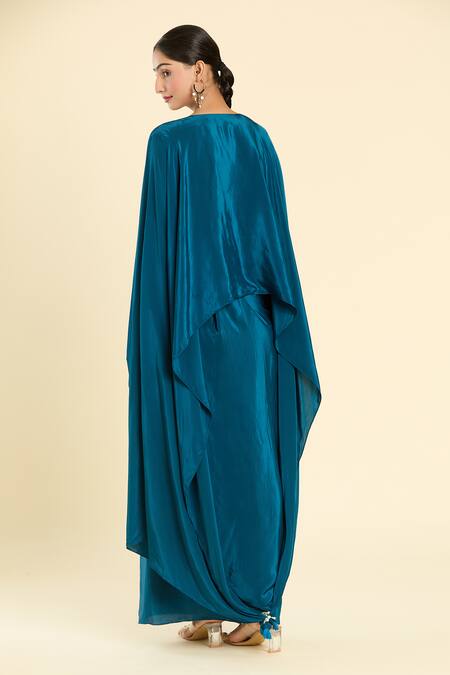 Shop_Label Lila_Blue Polyester Embroidery V-neck Dabka Yoke Kurta With Draped Skirt _at_Aza_Fashions
