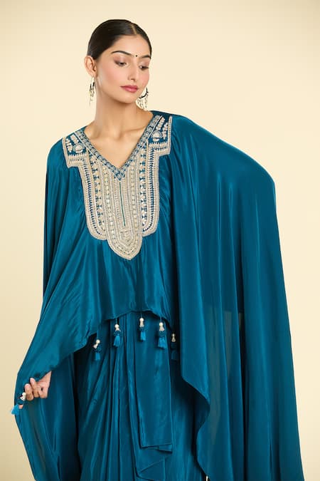 Buy_Label Lila_Blue Polyester Embroidery V-neck Dabka Yoke Kurta With Draped Skirt _Online_at_Aza_Fashions