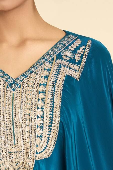 Shop_Label Lila_Blue Polyester Embroidery V-neck Dabka Yoke Kurta With Draped Skirt _Online_at_Aza_Fashions