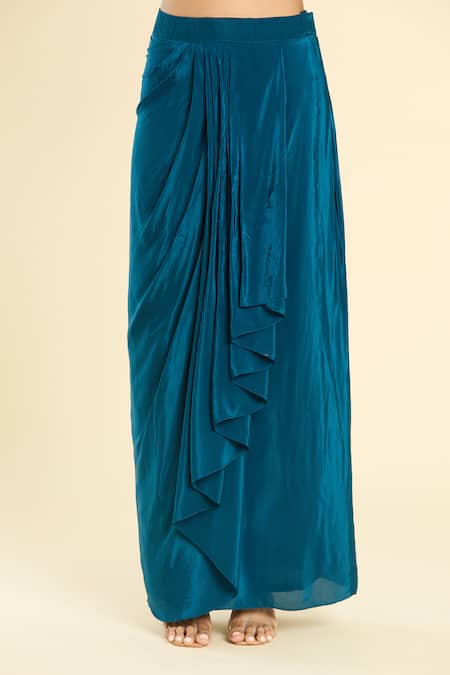 Label Lila_Blue Polyester Embroidery V-neck Dabka Yoke Kurta With Draped Skirt _at_Aza_Fashions