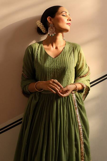 Pheeta Green Mulmul Embroidery Fringe Lace V-neck Pintuck Yoke Anarkali And Pant Set Online at Aza Fashions Pheeta_Green Mulmul Embroidery Fringe Lace V-neck Pintuck Yoke Anarkali And Pant Set_Online_at_Aza_Fashions