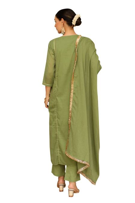 Buy Pheeta Green Mulmul Embroidery Fringe Lace V-neck Pintuck Yoke Anarkali And Pant Set Online at Aza Fashions Buy_Pheeta_Green Mulmul Embroidery Fringe Lace V-neck Pintuck Yoke Anarkali And Pant Set_Online_at_Aza_Fashions