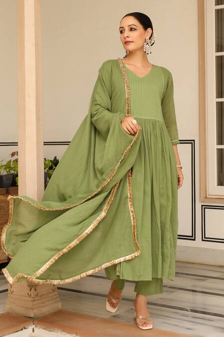 Shop Pheeta Green Mulmul Embroidery Fringe Lace V-neck Pintuck Yoke Anarkali And Pant Set Online at Aza Fashions Shop_Pheeta_Green Mulmul Embroidery Fringe Lace V-neck Pintuck Yoke Anarkali And Pant Set_Online_at_Aza_Fashions