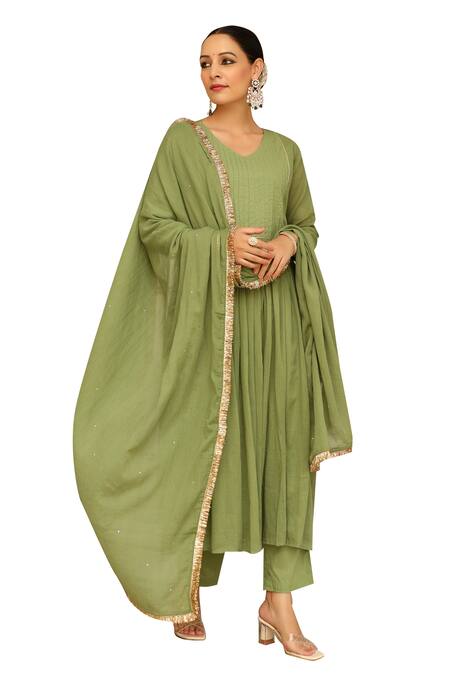 Pheeta Green Mulmul Embroidery Fringe Lace V-neck Pintuck Yoke Anarkali And Pant Set at Aza Fashions Pheeta_Green Mulmul Embroidery Fringe Lace V-neck Pintuck Yoke Anarkali And Pant Set_at_Aza_Fashions