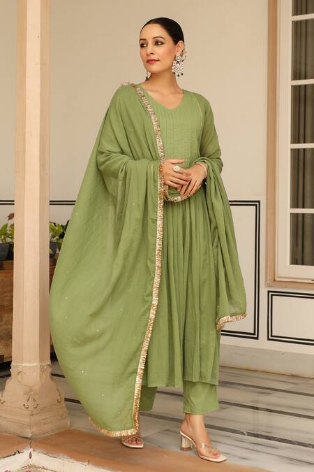 Buy Pheeta Green Mulmul Embroidery Fringe Lace V-neck Pintuck Yoke Anarkali And Pant Set Buy_Pheeta_Green Mulmul Embroidery Fringe Lace V-neck Pintuck Yoke Anarkali And Pant Set