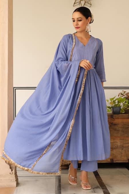 Pheeta Blue Mulmul Embroidery Fringe Lace Pintuck Gathered Yoke Anarkali And Pant Set 