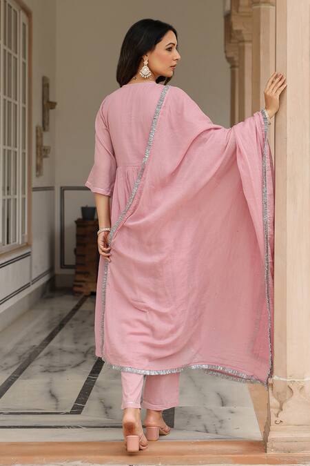 Shop Pheeta Pink Mulmul Embroidery Fringe Lace V-neck Gathered Anarkali And Pant Set at Aza Fashions Shop_Pheeta_Pink Mulmul Embroidery Fringe Lace V-neck Gathered Anarkali And Pant Set_at_Aza_Fashions
