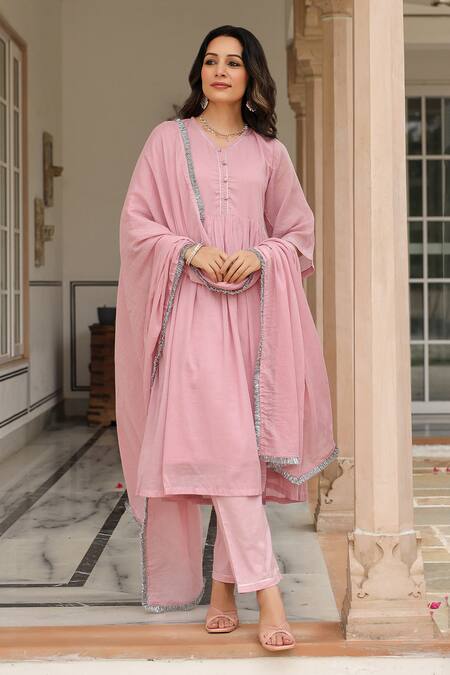 Pheeta Pink Mulmul Embroidery Fringe Lace V-neck Gathered Anarkali And Pant Set Online at Aza Fashions Pheeta_Pink Mulmul Embroidery Fringe Lace V-neck Gathered Anarkali And Pant Set_Online_at_Aza_Fashions