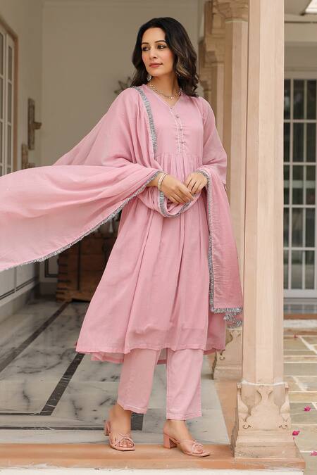 Buy Pheeta Pink Mulmul Embroidery Fringe Lace V-neck Gathered Anarkali And Pant Set Online at Aza Fashions Buy_Pheeta_Pink Mulmul Embroidery Fringe Lace V-neck Gathered Anarkali And Pant Set_Online_at_Aza_Fashions