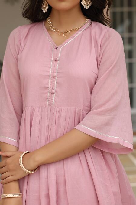 Shop Pheeta Pink Mulmul Embroidery Fringe Lace V-neck Gathered Anarkali And Pant Set Online at Aza Fashions Shop_Pheeta_Pink Mulmul Embroidery Fringe Lace V-neck Gathered Anarkali And Pant Set_Online_at_Aza_Fashions