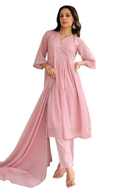 Buy Pheeta Pink Mulmul Embroidery Fringe Lace V-neck Gathered Anarkali And Pant Set Buy_Pheeta_Pink Mulmul Embroidery Fringe Lace V-neck Gathered Anarkali And Pant Set