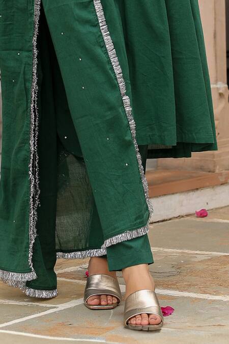 Pheeta Green Mulmul Embroidery Fringe Lace V-neck Solid Gathered Anarkali And Pant Set Online at Aza Fashions Pheeta_Green Mulmul Embroidery Fringe Lace V-neck Solid Gathered Anarkali And Pant Set_Online_at_Aza_Fashions