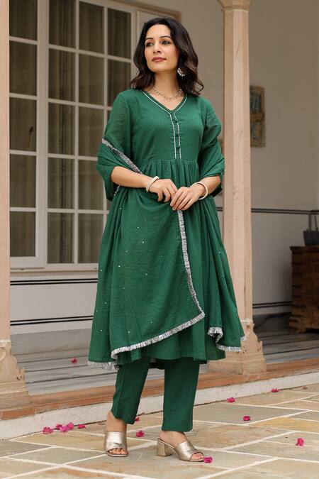 Pheeta Green Mulmul Embroidery Fringe Lace V-neck Solid Gathered Anarkali And Pant Set at Aza Fashions Pheeta_Green Mulmul Embroidery Fringe Lace V-neck Solid Gathered Anarkali And Pant Set_at_Aza_Fashions