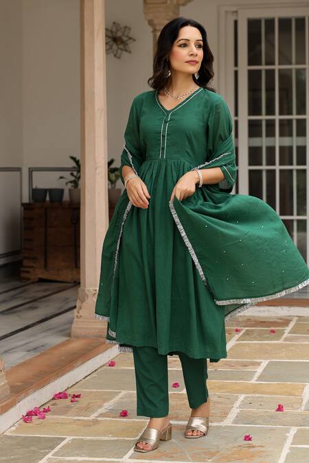 Buy Pheeta Green Mulmul Embroidery Fringe Lace V-neck Solid Gathered Anarkali And Pant Set Buy_Pheeta_Green Mulmul Embroidery Fringe Lace V-neck Solid Gathered Anarkali And Pant Set
