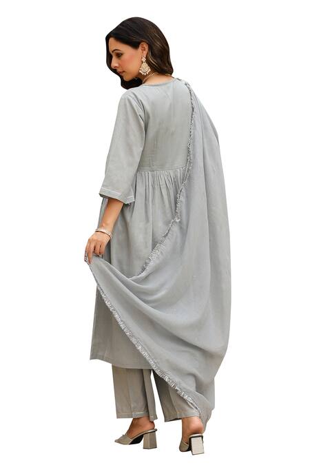 Pheeta_Grey Mulmul Embroidery Fringe Lace V-neck Gathered Solid Anarkali And Pant Set_Online_at_Aza_Fashions