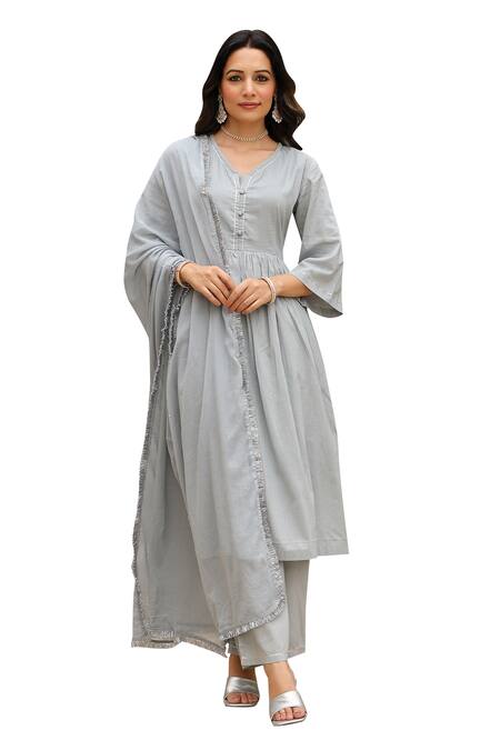 Buy_Pheeta_Grey Mulmul Embroidery Fringe Lace V-neck Gathered Solid Anarkali And Pant Set_Online_at_Aza_Fashions