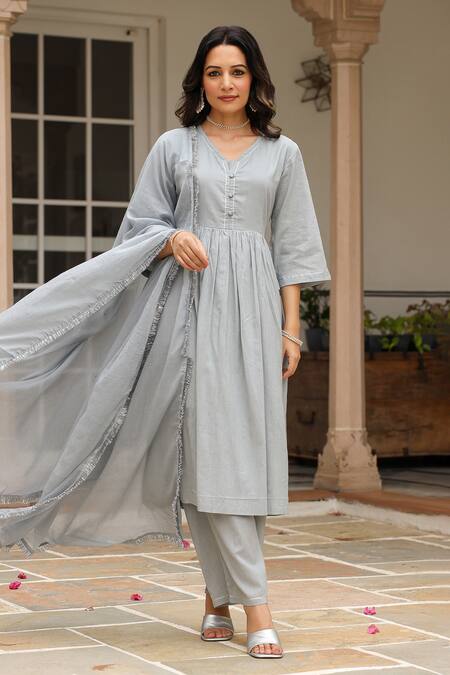 Shop_Pheeta_Grey Mulmul Embroidery Fringe Lace V-neck Gathered Solid Anarkali And Pant Set_Online_at_Aza_Fashions